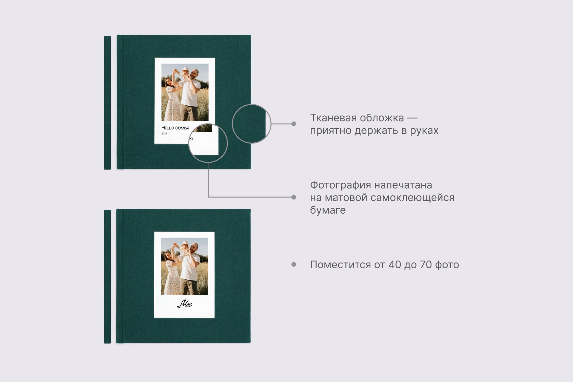 Квадратная фотокнига в изумрудном тканевом переплете