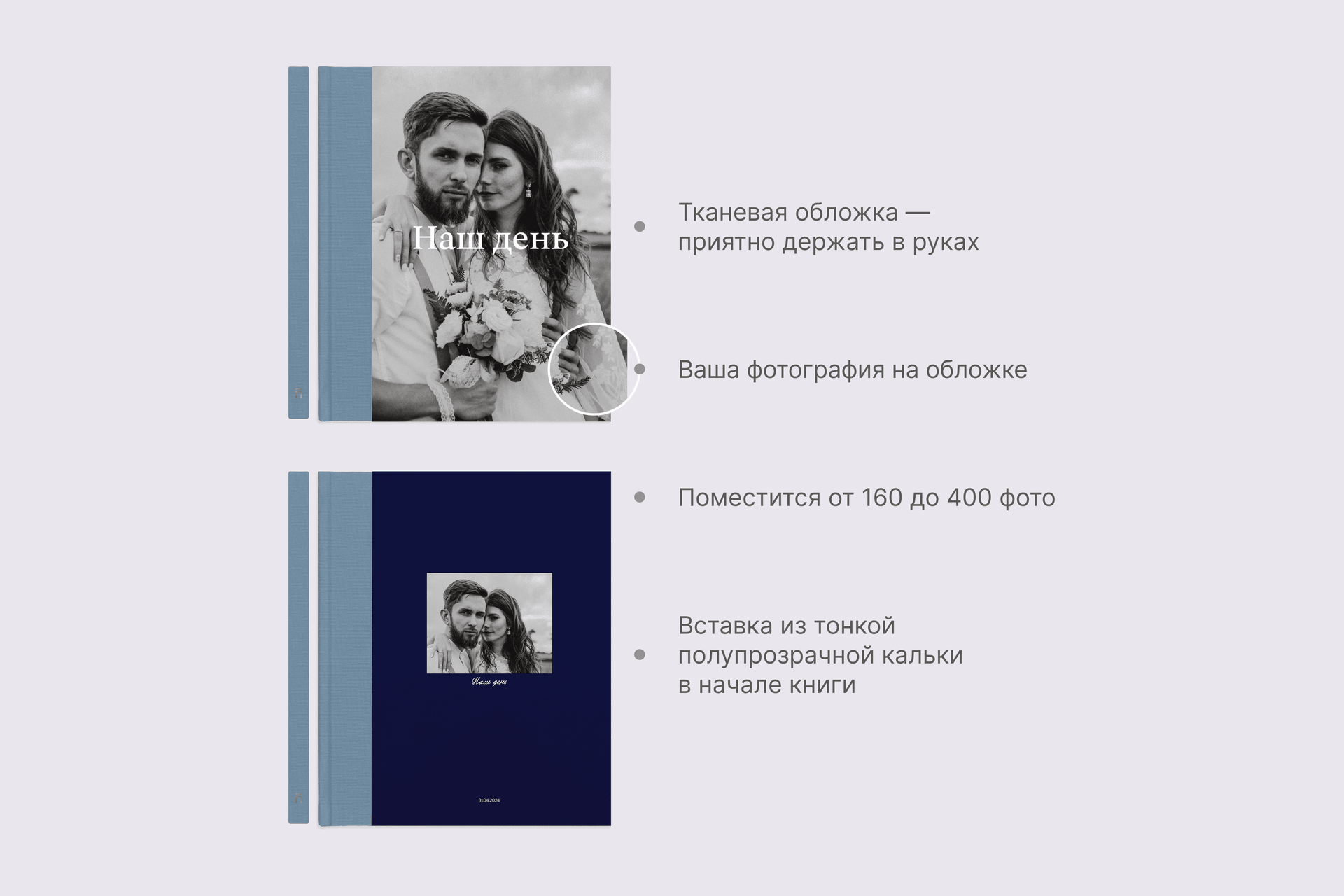 Коллекционная фотокнига в голубом тканевом переплете